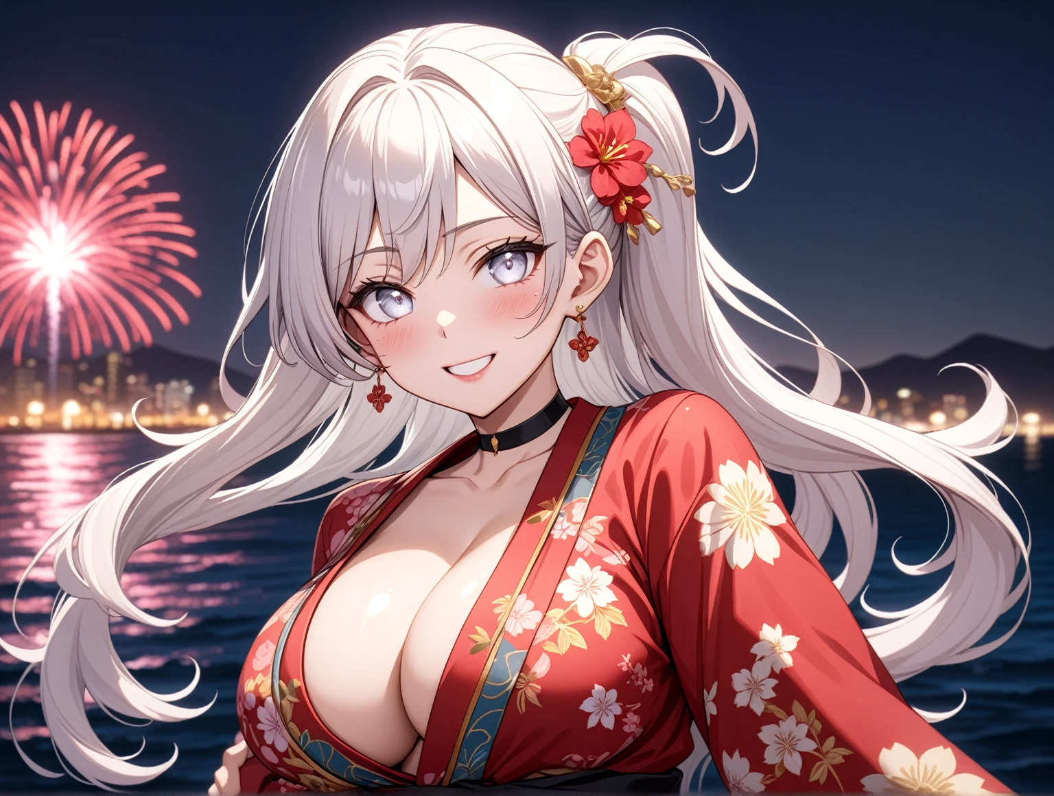 ((Two Women)), Beautiful Face, (Laughing embarrassedly), ((laugh)), ((Wink:1.8)),  ((hug from behind)), Laugh with your mouth wide open,((Bright red cheeks:1.4)),Shiny red lips, night,横浜のnight景,You can see the ocean, firework,Glossy pink lips,Facial lighting,((Anime style background)),masterpiece, Highest quality, so beautiful,up to date, Complex details, (4fingers and 1thumbs), (Pink long nails), (ring),(bracelet),(choker),AI-generated, Complex,High resolution, Highest quality, super high quality,3D Images、3D Images,One person,Long white hair in a high ponytail,Long blonde hair in a high ponytail,(blue eyes),Anime woman posing for a photo, ((Fine grain、Silvery white eyes、Shining Eyes:1.4)), (Squint your eyes:1.1),a hyperRealistic , hyperRealistic , Realistic,Anime woman with long white hair, Smooth anime CG art, A woman in a colorful kimono with gold embroidery, (Black long sleeve kimono),(Pink long sleeve kimono), Red floral pattern,Long flower hair ornament,Earrings,Mature Body,(Big Breasts:1.1),Tall,Abdominal muscles,Narrow waist,(Zoom in on face), 