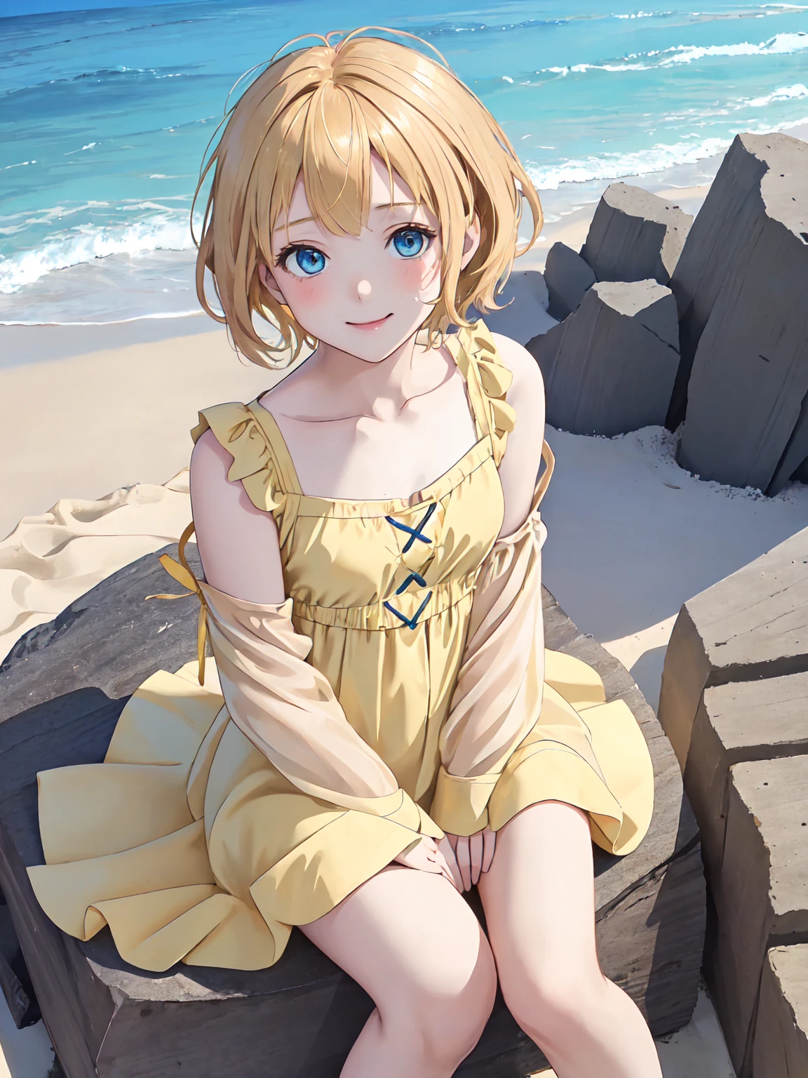 (This is a close-up shot of a young anime girl in a summer dress on the beach:1.4),(solo:1.4),(1girl:1.4),(short blonde hair:1.3),(green eyes:1.2),(yellow sundress:1.3),(barefoot:1.2),(sitting on the beach:1.3),(sandcastle in the background:1.2),(waves in the background:1.2),(sunset sky:1.1), (detailed face:1.3),(beautiful detailed eyes:1.3),(slightly smiling:1.2),(happy relaxed expression:1.3),(rosy cheeks:1.2),(slender body:1.2),(small build:1.3), (masterpiece:1.2),(best quality:1.3),(ultra high res:1.2),(photorealistic:1.1)