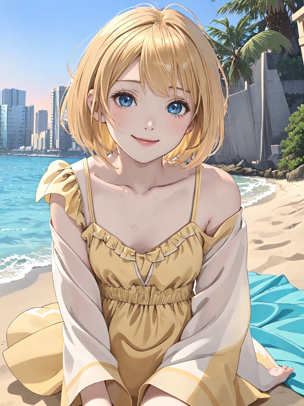 (This is a close-up shot of a young anime girl in a summer dress on the beach:1.4),(solo:1.4),(1girl:1.4),(short blonde hair:1.3),(green eyes:1.2),(yellow sundress:1.3),(barefoot:1.2),(sitting on the beach:1.3),(sandcastle in the background:1.2),(waves in the background:1.2),(sunset sky:1.1), (detailed face:1.3),(beautiful detailed eyes:1.3),(slightly smiling:1.2),(happy relaxed expression:1.3),(rosy cheeks:1.2),(slender body:1.2),(small build:1.3), (masterpiece:1.2),(best quality:1.3),(ultra high res:1.2),(photorealistic:1.1)