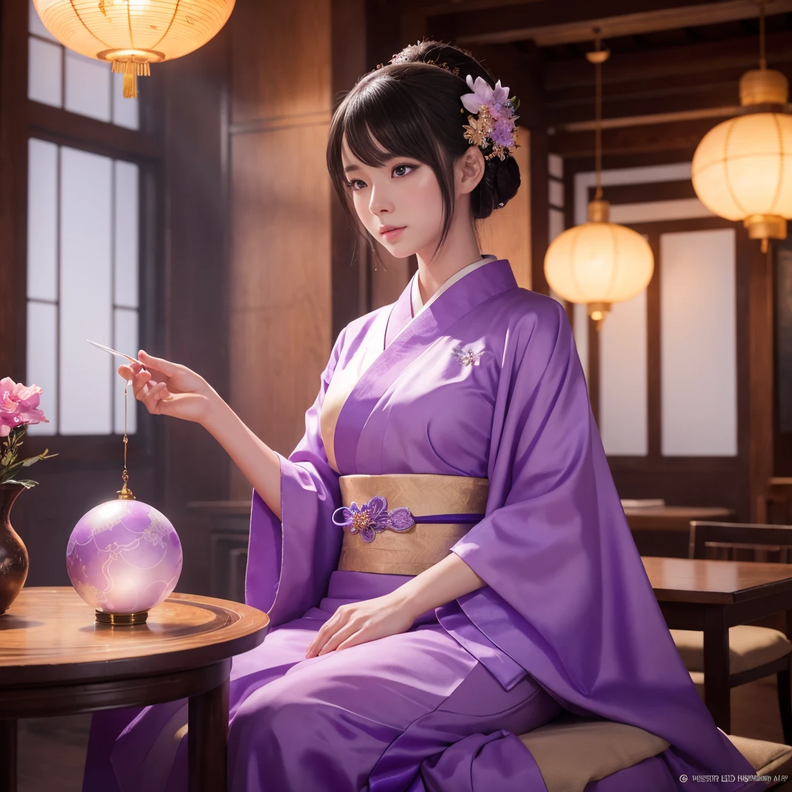 A woman in a purple kimono holding a crystal ball, artwork in the style of Gwaiz, Gwaiz, 日本のgoddess, Trending on cgstation, palace ， Girl in Hanfu, Unreal Engine Rendering + goddess, Ross Tran and WLOP, 2. 5d cgi anime fantasy artwork, 🌺 society, Gwaiz on artstation pixiv,A woman sitting facing forward at a table with a crystal ball, Chinese Fantasy, 日本のgoddess, palace ， Girl in Hanfu, Light purple kimono, Fantasy art style, Beautiful Celestial Magician, Anime Style 4k, Japanese Fantasy