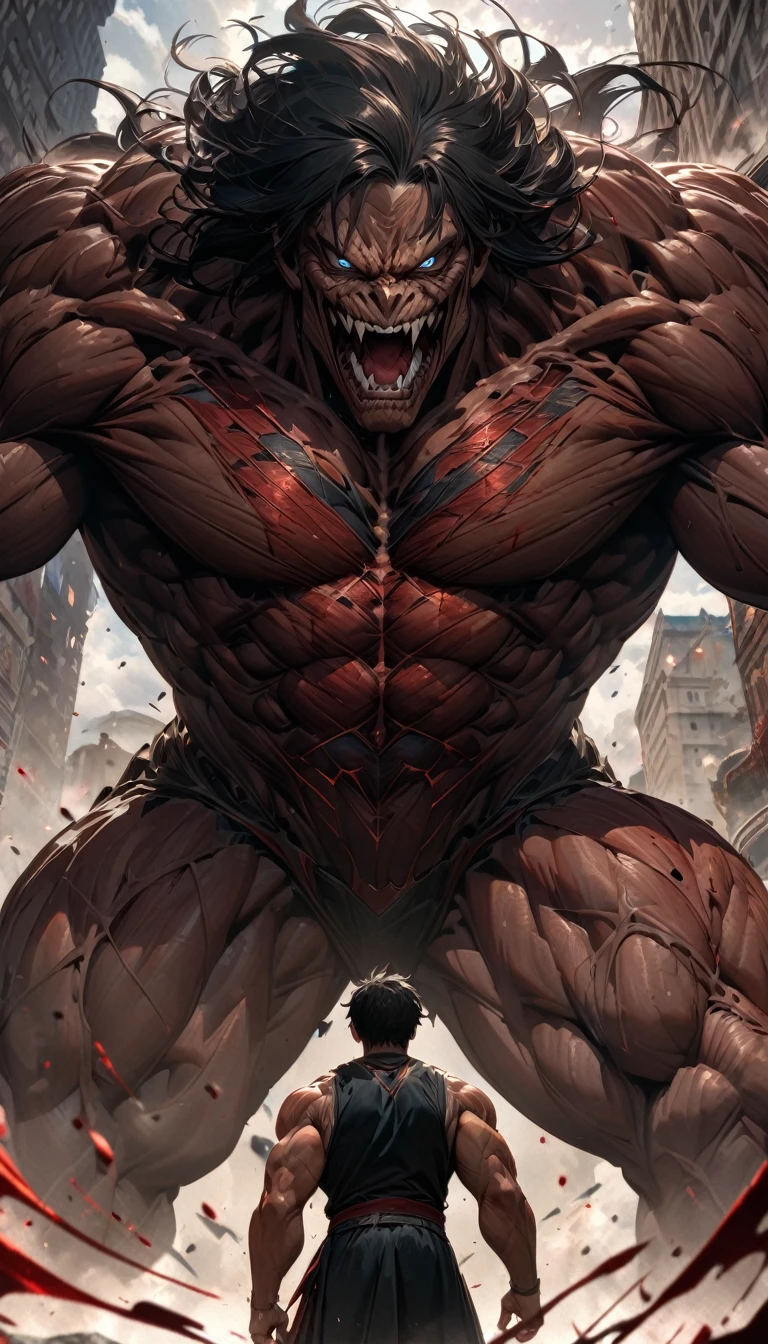 Adult guy, long black hair, blue eyes, big muscles, fangs, superhero form, sleeveless, scars, blood, titan, Masterpiece, best quality, Full HD, 8k, ultra details, great graphic
