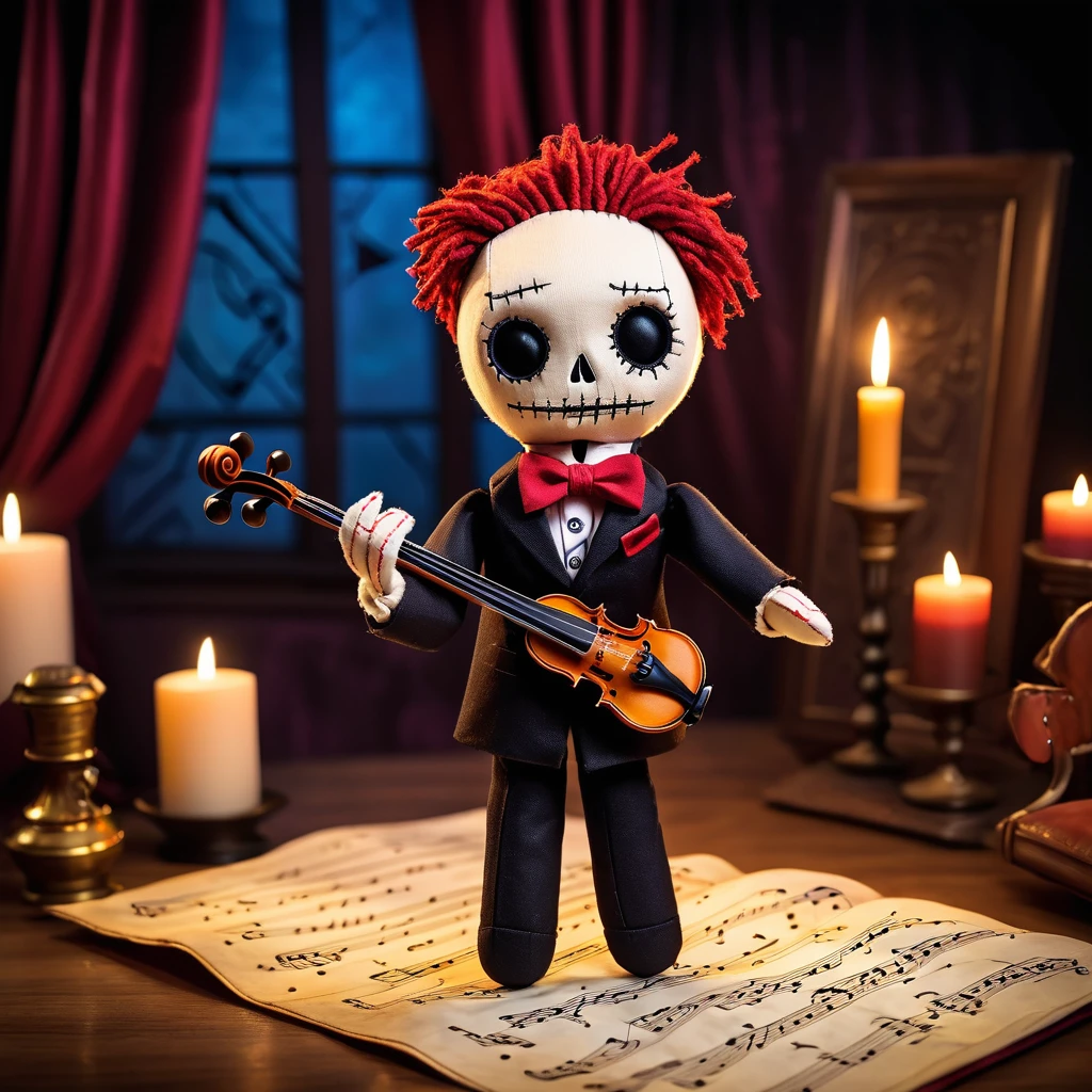 (knitted toy voodoo doll:1.7), (Voodoo Enchanted Violinist:1.3), (Clothing: elegant suit with musical notes, cape made of musical sheets:1.0), (Accessories: enchanted violin, magical bow, sheet music with glowing runes:1.2), (background: mystical concert hall with floating musical notes, glowing instruments, and enchanted audience:1.2), best quality, masterpiece, detailed soft oil painting, detailed background, dramatic cinematic lighting, soft edge lighting, professional, dramatic lighting, hard edge lighting, ultra quality, 4k, masterpiece, best quality, 8k, ultra high definition, high resolution, extremely detailed