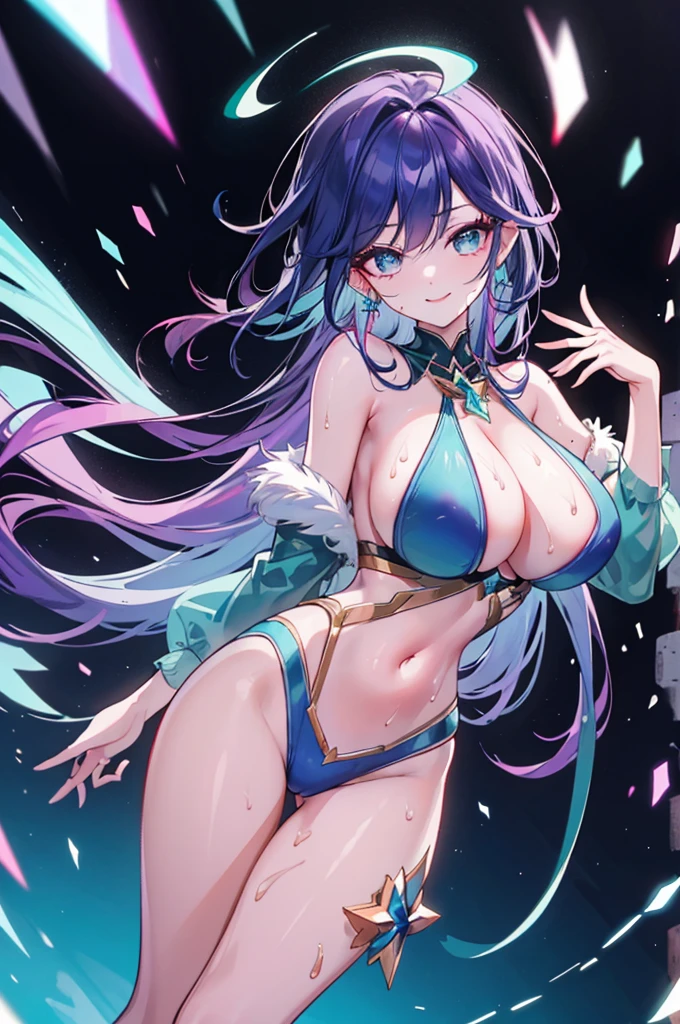 ((best quality)), ((masterpiece)), (detailed), whole body, Facing the audience, Perfect face shape, Green Hair, Star Guardian, Short purple hair,sparkling blue eyes, Long eyelashes, teal blue fur, sweet smile,. Purple and Teal Hair, Long eyelashes, solid circle eyes,, light Smile, red ears, slope hair, slope_Keep your eyes open, The students shine,Smile, Looking forward, Wearing a blue swimsuit,Huge Breasts,Sexy,Open your legs,Navel,Wide-angle lens, 8K, Super Detail, precise, best quality, masterpiece, Anatomically correct, High Detail, High resolution,Changing clothes,rainwater,Sweat,Cunt,biological light