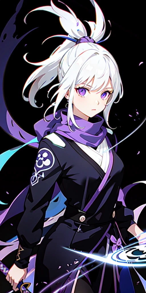 upper body, 1girl, white hair, ponytail, purple eyes, (ninja), short sword, medium breats ,scarf, wallpaper, magic circle background, light particles, blue fire,
