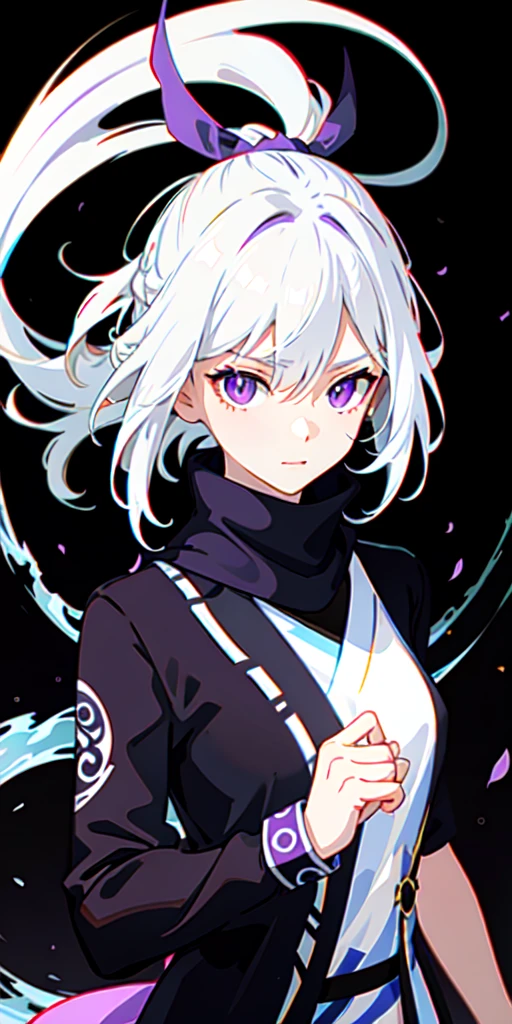 upper body, 1girl, white hair, ponytail, purple eyes, (ninja), short sword, medium breats ,scarf, wallpaper, magic circle background, light particles, blue fire,