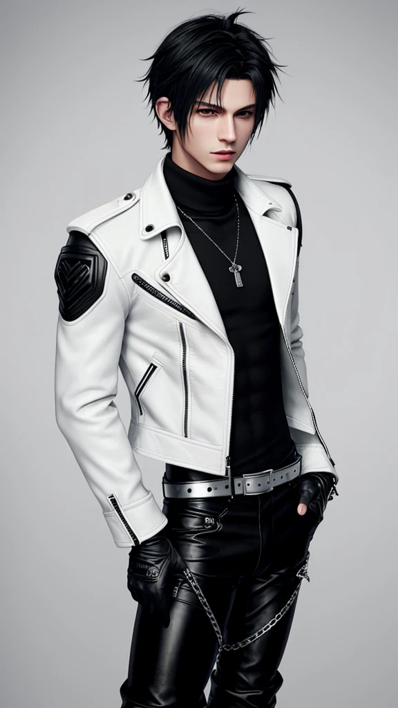 Final fantasy taste and reality graphics, Japanese young cute and cool ikemen boy, his age is early 20s, thin eyebrows and beady eyes, he wearing off white color leather thick singlebrest biker jacket, with epaulet, jacket front is zipped up, jacket is biker style, , jacket collar is high length stand-up collar with belts, jacket is a little black line pattern,close the front of the jacket, also wearing black thick turtleneck lackluster shirts, tight black leather pants, shiny black leather tight and thin glove, black leather knee-high raceup boots,must views head-to-toe,must views whole body, boy looks like fashion model,Do not show skin from the neck down,leather jacket leather glove and leather pants have few wrinkles,boy in the room,