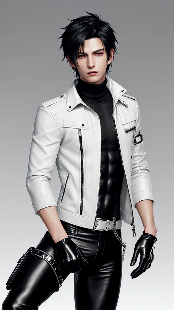 Final fantasy taste and reality graphics, Japanese young cute and cool ikemen  boy, his age is early 20s, thin eyebrows and beady eyes,  he wearing off white color leather thick singlebrest biker jacket, with epaulet,  jacket front is zipped up, jacket is biker style, , jacket collar is high length stand-up collar with belts, jacket is a little black line pattern,close the front of the jacket, also wearing black thick turtleneck lackluster shirts,  tight black leather pants, shiny black leather tight and thin glove, black leather knee-high raceup boots,must views  head-to-toe,must views whole body, boy looks like fashion model,Do not show skin from the neck down,leather jacket leather glove and leather pants have few wrinkles,boy in the room,