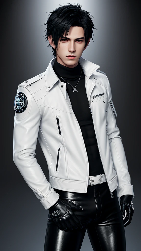 Final fantasy taste and reality graphics, Japanese young cute and cool ikemen  boy, his age is early 20s, thin eyebrows and beady eyes,  he wearing off white color leather thick singlebrest biker jacket, with epaulet,  jacket front is zipped up, jacket is biker style, , jacket collar is high length stand-up collar with belts, jacket is a little black line pattern,close the front of the jacket, also wearing black thick turtleneck lackluster shirts,  tight black leather pants, shiny black leather tight and thin glove, black leather knee-high raceup boots,must views  head-to-toe,must views whole body, boy looks like fashion model,Do not show skin from the neck down,leather jacket leather glove and leather pants have few wrinkles,boy in the room,