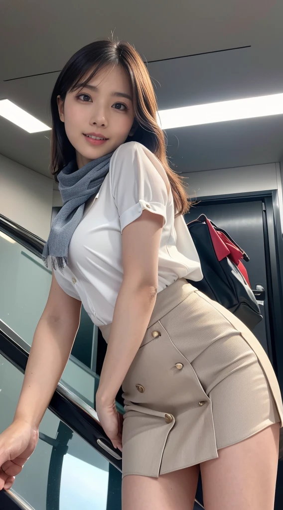  (8K, best quality, masterpiece:1.2), (realistic, photo-realistic:1.37), (high color saturation:1.0),  (highly detailed skin), (highest quality:1.0), (ultra high resolution:1.0) ,(realistic:1.0), (Super detailed:1.0), (8K, Raw photo:1.1)、standing random pose, smiling, natural breast, perfect lighting, 22years old, (mysterious), clear and detailed, ((japaniese_office_uniform, flared skirt, sexy_blouse, flight attendant_neck scarf)), (indoor office, escalator), surprised face, ((looking at back viewer)), ((low angle photo)), (the sexy_shorts are showing under her skirt), nsfw, inverted nipples, 