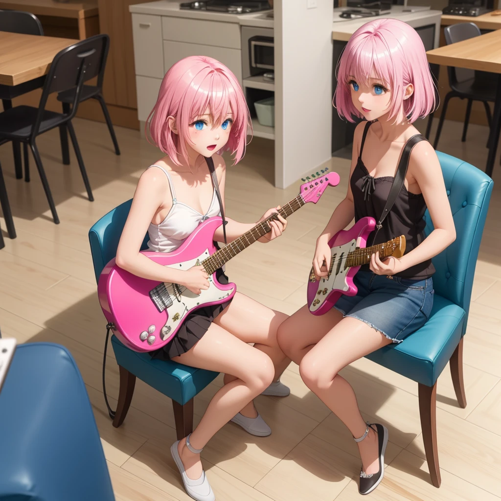Girl、(((One person)))、Pink Hair、Shortcuts、Black mini skirt、camisole、Blue Eyes、Electric guitar、Have a pick、indoor、Chair sitting