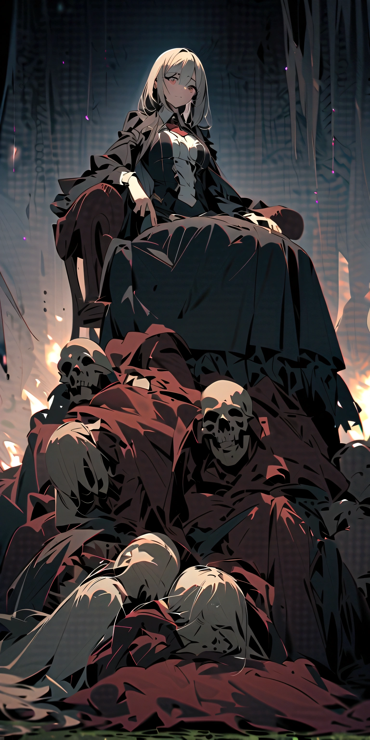 There's a lady sitting on a chair on top of a pile of corpses