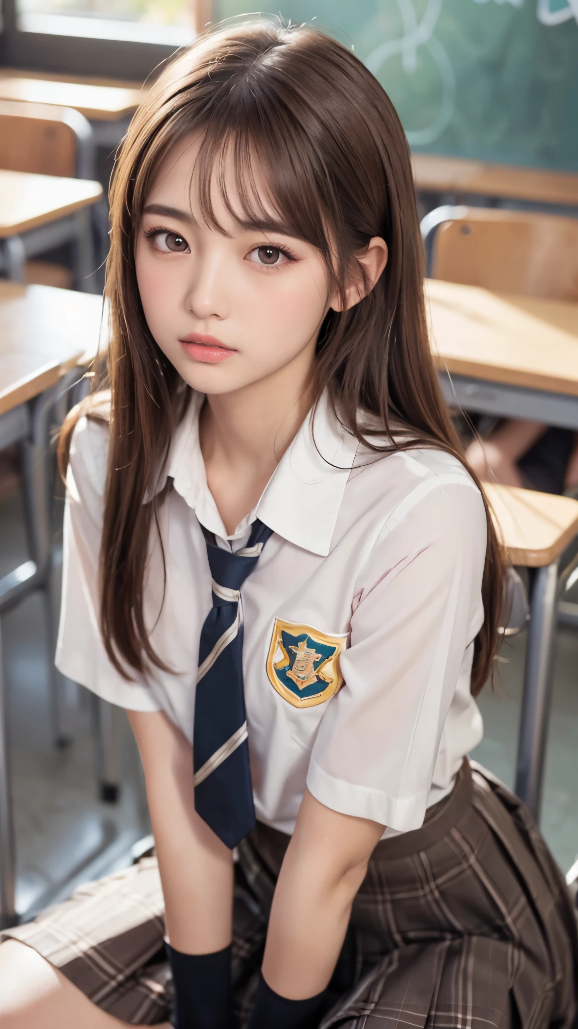 (1girl), (sexy look:1.5), (flat chest:1.3), (Highly detailed eyes, Highly detailed face), (Hyper-realistic, hight resolution), (Best Quality:1.4), (hyper quality), Authentic skin texture, Raw photo, (Realistic, Photorealsitic:1.37), highly detailed, Professional Photography, (school uniform, pleated skirt:1.3), (Staring at me), (School, classroom), (facing me and kissing me:1.4),