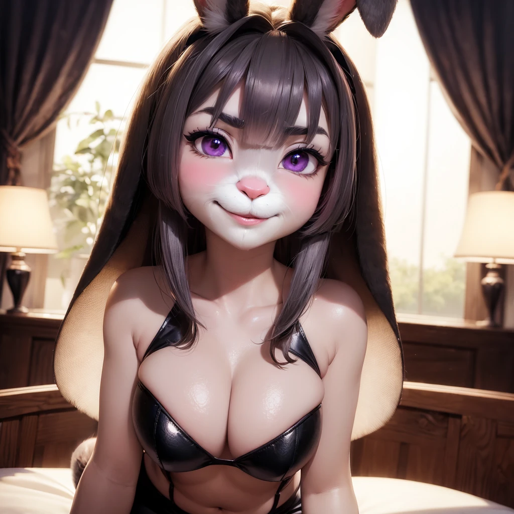 best quality,
masterpiece,
hyper Realistic,
ultra-detailed,
beautiful detailed,
4K,8K,High level,
PIXAR,
Photo real,
medium shot,
background in bed room,
Realistic lighting,
((anthropomorphic rabbit)),
detailed animals,
Complex patterns,
(furry:1.35),
(Whole skin is gray:1.35),
(body is fluffy and bushy:1.35),
Realistic fur,
((human hands)),
(Face is JudyHopps:1.35),
((medium straight hair)),
dark brown heir,
((sidepart bangs)), bangs,
purple eyes,
{highlight on eyes, crisp eyes, sparkle in the eyes, round big pupils},
detailed iris,
(rised eyebrows:1.2),
(Crescent Brows:1.3),
(rabbit ears:1.1),
Smile,
Big Smile,
Innocent smile,
raised corners of mouth,
the lady is wearing lingerie and skirt,
Black brassiere BREAK Black tight skirt,
(solo:1.5),
(1 lady:1.5),
one character only
alone,
Perfect Anatomy,
lighting behind,
lighting back,
((lamplight)),
cinematic lighting,
intricate details,
ray tracing,
photorealistic,