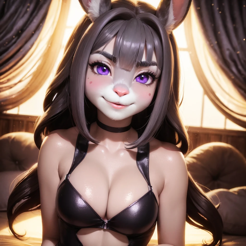 best quality,
masterpiece,
hyper Realistic,
ultra-detailed,
beautiful detailed,
4K，8K，High level,
PIXAR,
Photo real,
medium shot,
background in bed room,
Realistic lighting,

((anthropomorphic rabbit)),
detailed animals,
Complex patterns,
(furry:1.35),
(Whole skin is gray:1.35),
(body is fluffy and bushy:1.35),
Realistic fur,

((human hands)),

(Face is JudyHopps:1.35),
((medium straight hair)),
dark brown heir,
((sidepart bangs)), bangs,
purple eyes,
{highlight on eyes, crisp eyes, sparkle in the eyes, round big pupils},
detailed iris, 
(rised eyebrows:1.2),
(Crescent Brows:1.3),
(rabbit ears:1.1),
Smile,
Big Smile,
Innocent smile,
raised corners of mouth,

the lady is wearing lingerie and skirt,
Black brassiere BREAK Black tight skirt,

(solo:1.5),
(1 lady:1.5),
one character only
alone,
Perfect Anatomy,

lighting behind,
lighting back,
((lamplight)),
cinematic lighting, 
intricate details, 
ray tracing, 
photorealistic, 