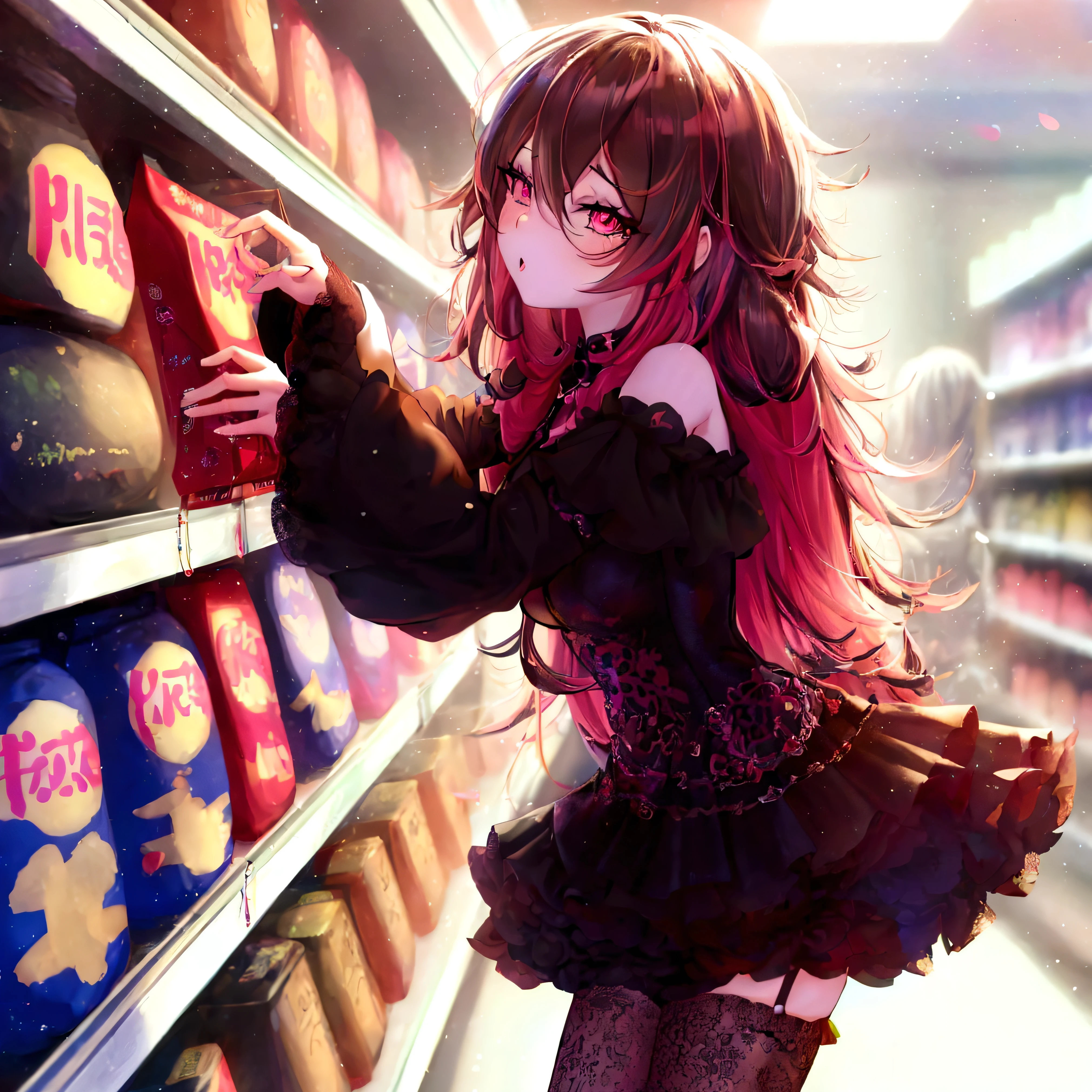 anime femboy in a black dress picking chips from a shelf, anime femboy wearing a black dress, cute anime girl, anime style 4 k, cute anime waifu in a nice dress, anime femboy, artwork in the style of guweiz, seductive anime anime femboy, anime lover, 4k anime wallpaper, soda themed girl, anime art wallpaper 4k, anime art wallpaper 4 k