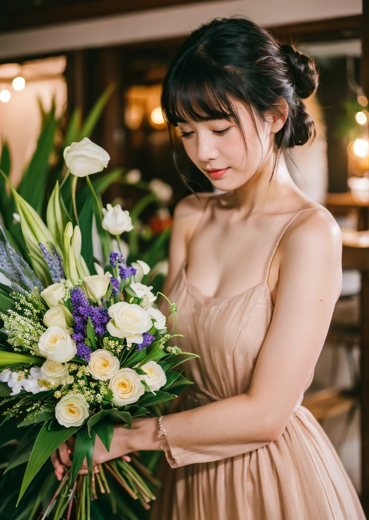 (Realistic, photo-Realistic:1.37),(8K, RAW Photos, Highest quality, masterpiece:1.2), cute, Ultra-detailed, 超High resolution, Kodak Vision Color, Filmed with an Arricam LT camera,Highest quality, Lively, 8K, High resolution, 1 girl, Escape, (Professional Lighting), (Portraiture:0.6), Black Hair, (Medium Hair),22 years old、おFloristさん、nakedにエプロンを着けて、naked、Make a bouquet、Florist、Surrounded by lots of flowers、blushing shyly、Bun Head、Upper Body、
