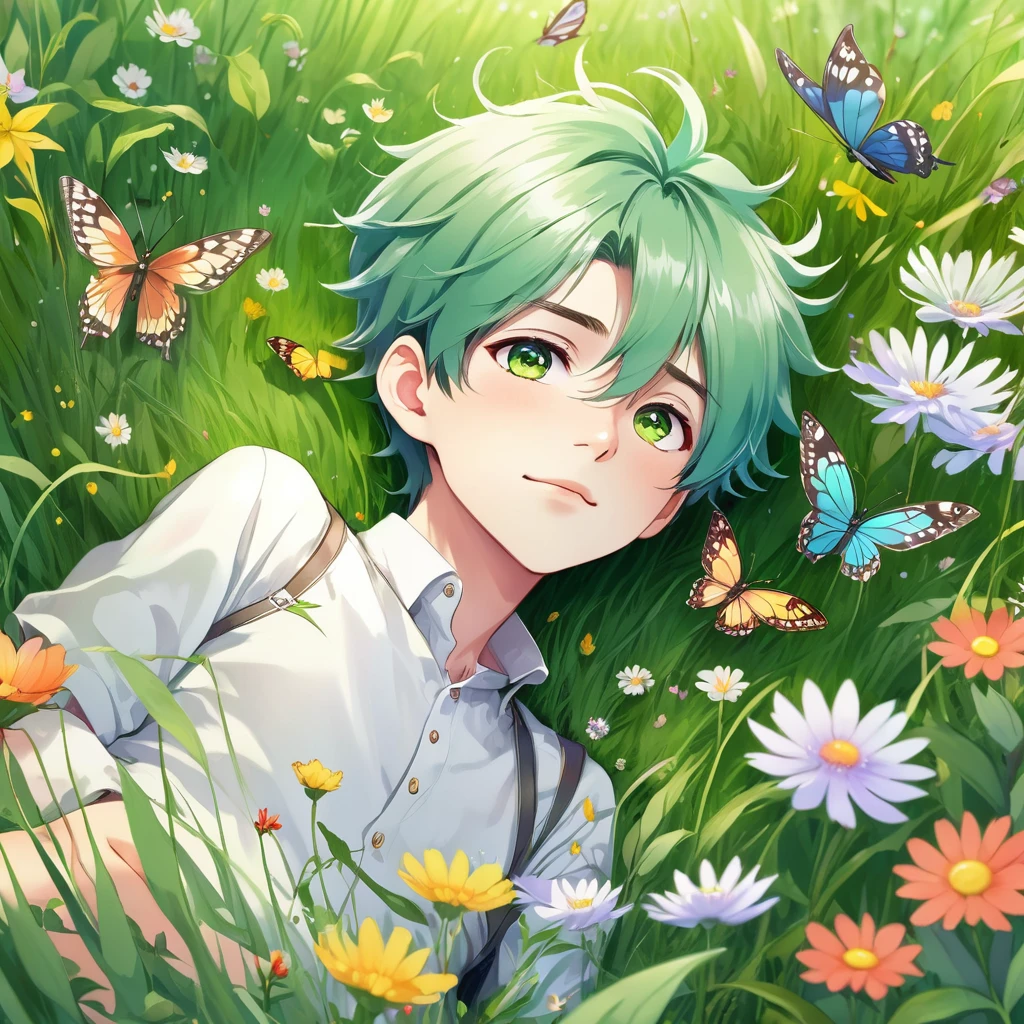 A nature-inspired anime boy with soft, green hair and delicate features, lying in a field of lush grass and wildflowers. The background includes playful butterflies and birds, enhancing the whimsical, peaceful vibe. hd quality