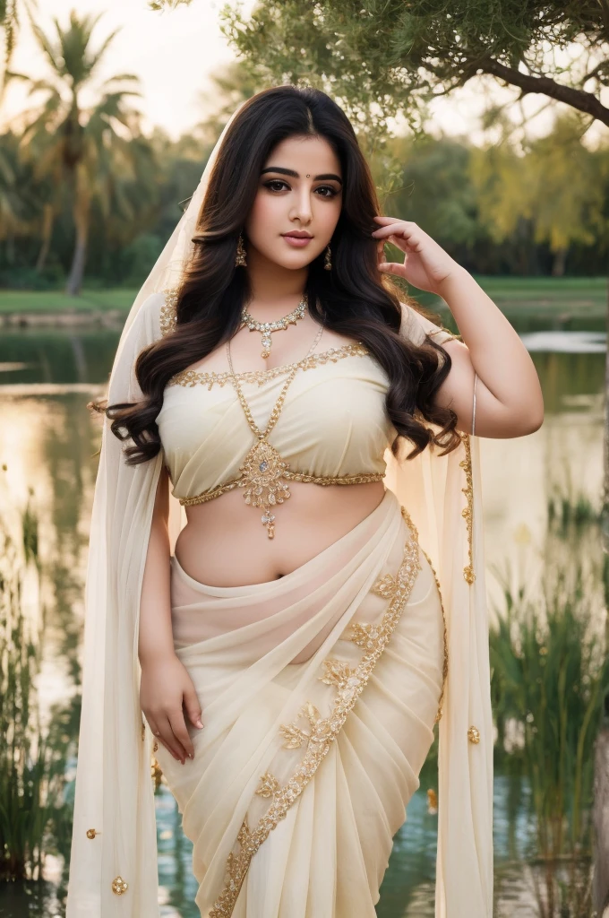 1 Heavenly beautiful and goddess beauty cute and sweet looking face Arabian woman in front of village pond, Heavenly beautiful Overweight, Heavenly beautiful Extremely fat, Heavenly beautiful and attractive Chubby figure , Heavenly beautiful looking and eye catching luxury style saree , reaching out, Heavenly beautiful Arabian woman, 16k, High resolution, masterpiece, highest quality, fine skin, close up figure view, Realistic Photograph