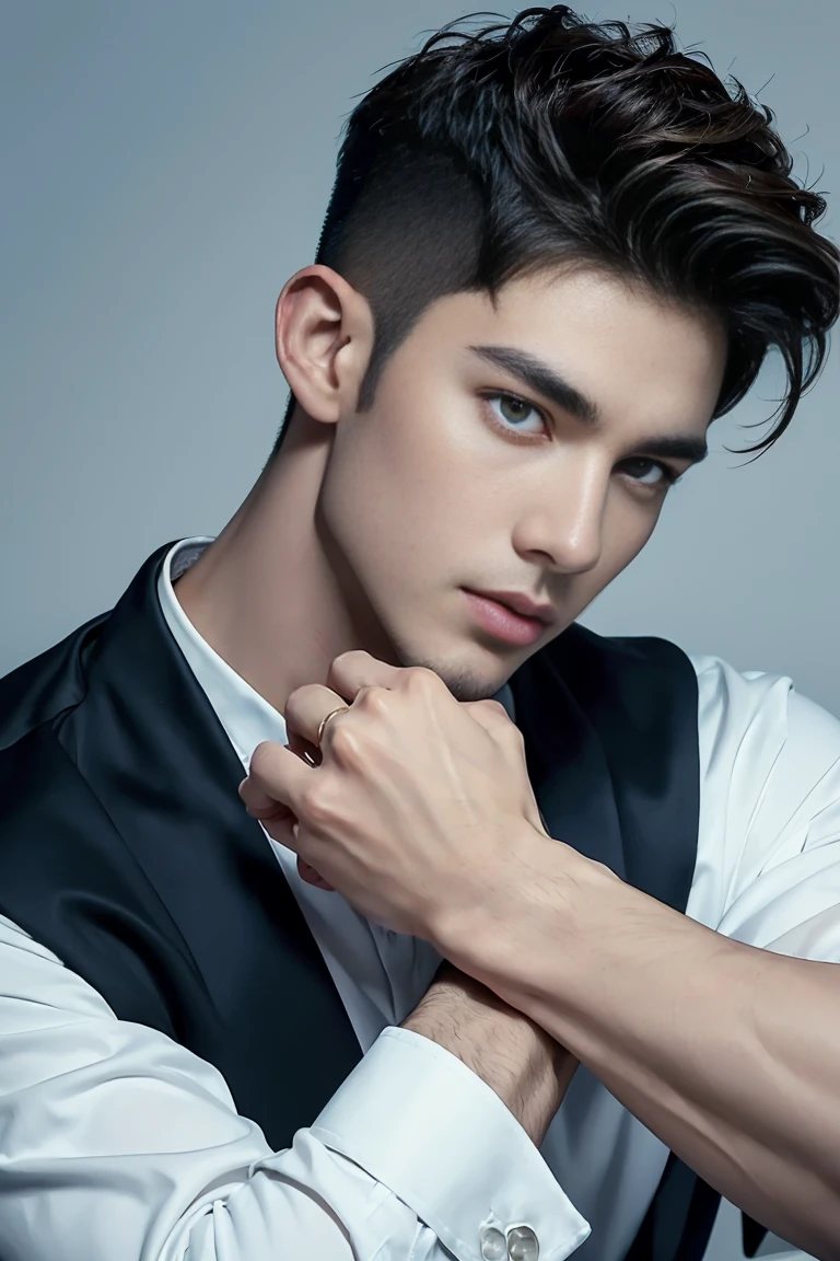 Ultra wide angle,((masterpiece)),((best quality)),8K,High Detail,Very detailed, 2 handsome muscular boys,Very manly,golden brown eyes,Fashionable short hair,Vivid male image, fashion pose, masculine expression,Real skin texture, (((Perfect hand details))),((Real and complete hand details)),Light,
Royal blue style couple,White male model photos