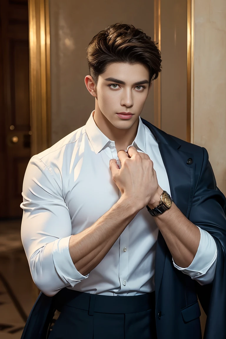 Ultra wide angle,((masterpiece)),((best quality)),8K,High Detail,Very detailed, 2 handsome muscular boys,Very manly,golden brown eyes,Fashionable short hair,Vivid male image, fashion pose, masculine expression,Real skin texture, (((Perfect hand details))),((Real and complete hand details)),Light,
Royal blue style couple,White male model photos