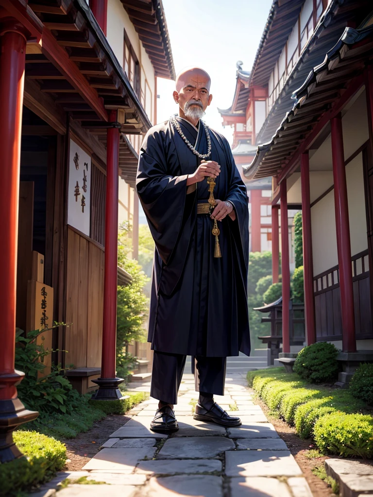 Highest quality,Highest Resolution,An old monk holding a rosary,Temple grounds,Japan,Skinhead,Standing posture,