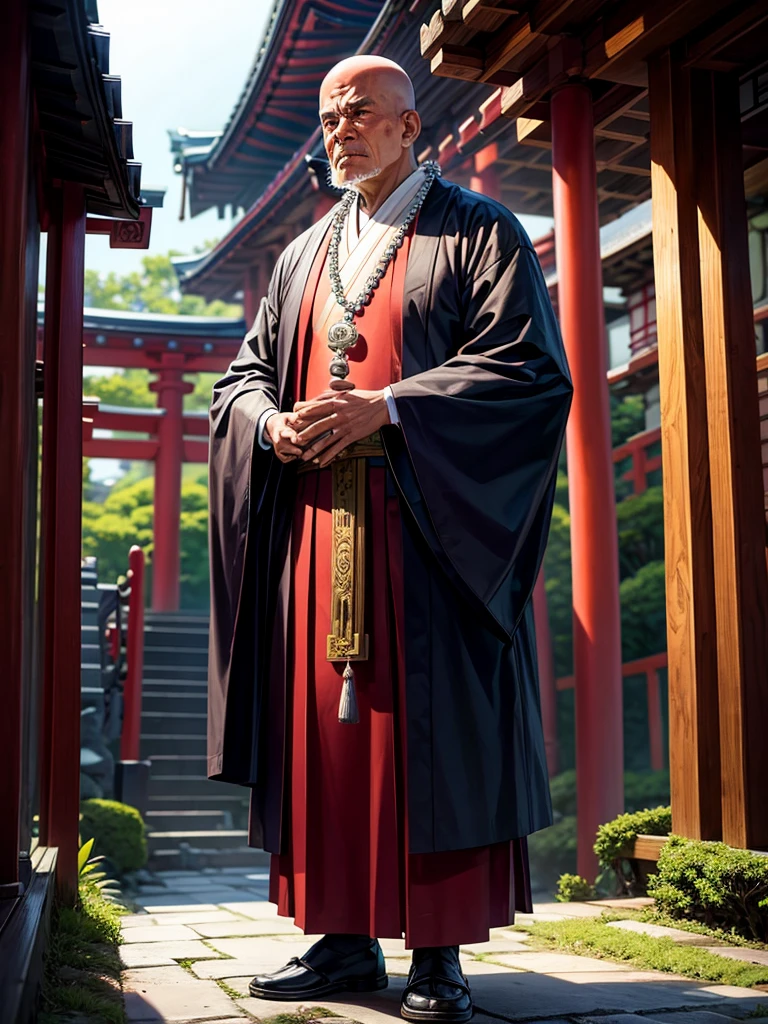 Highest quality,Highest Resolution,An old monk holding a rosary,Temple grounds,Japan,Skinhead,Standing posture,