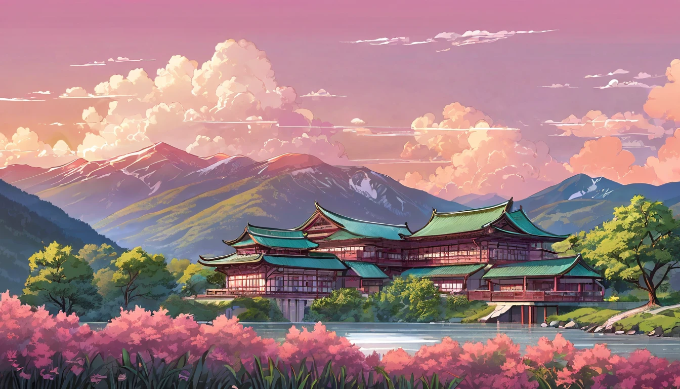 line art, aesthetic art, evening, sunset, clouds, in the valley, surrounded by big mountains, highly detailed architect house on river side, green trees, bushes, sunset light pink colour.
