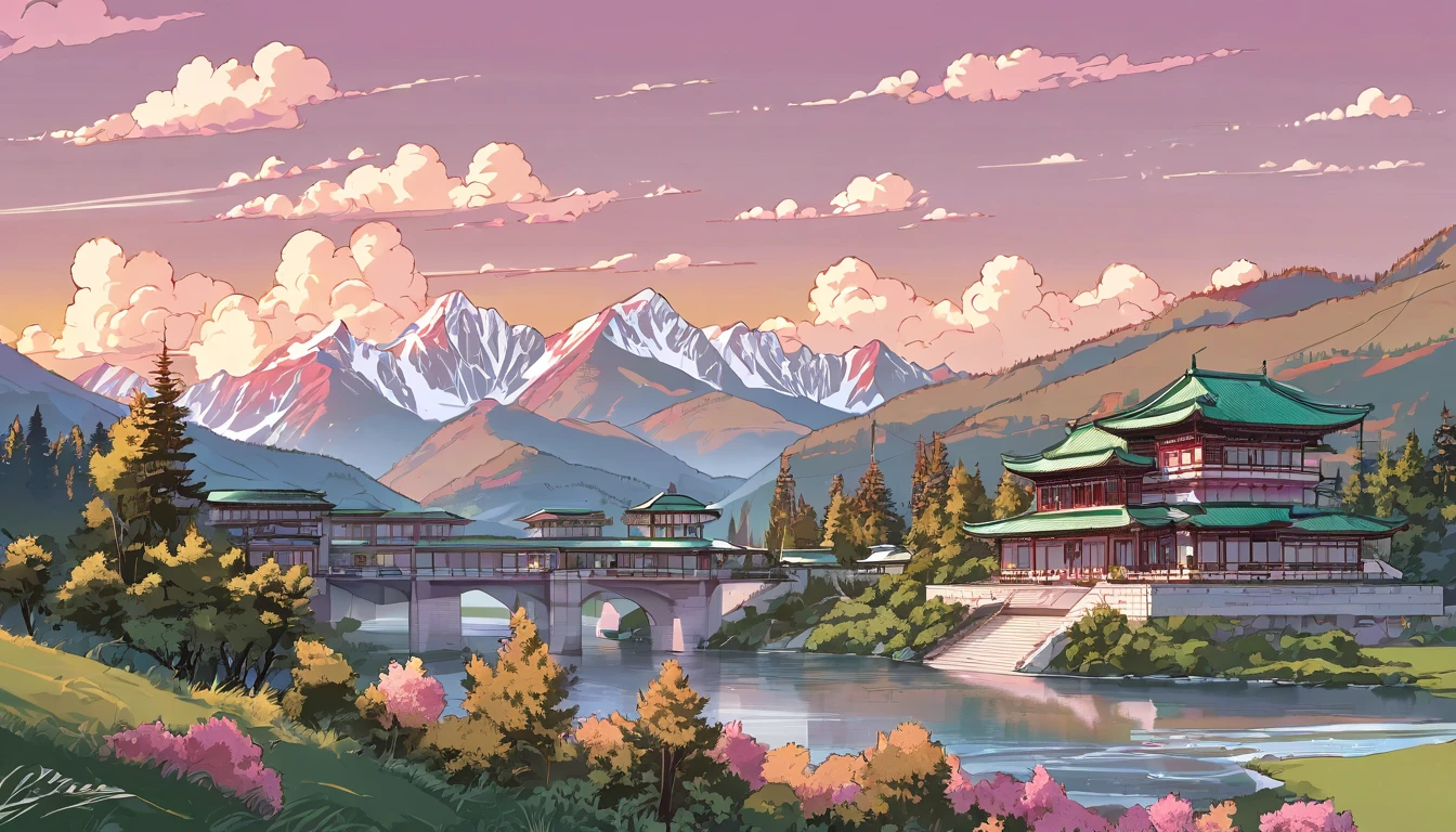 line art, aesthetic art, evening, sunset, clouds, in the valley, surrounded by big mountains, highly detailed architect house on river side, green trees, bushes, sunset light pink colour.