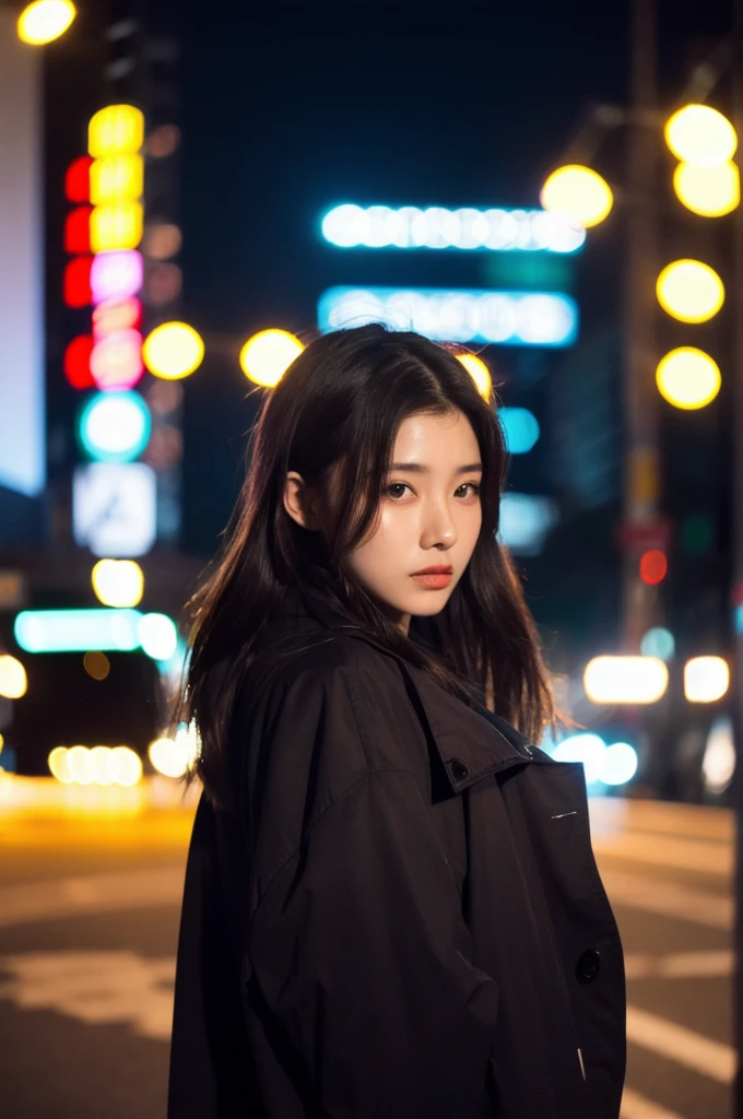 Raw, cinematic shot, (sharp focus:1.5), (photorealistic:1.4), twilight lighting, volumetric lighting, ultra high res, 16K,dramatic lighting, Midnight, Whole body, Long legs, Sharp focus :1.2, A pretty woman with perfect figure :1.4, Slender abs :1.1, (Dark brown hair,Gigantic breasts :1.2), (White tight tshirt, Standing:1.2), (Night city view, Rooftop:1.3), Highly detailed face and skin texture, Detailed eyes, Double eyelid,  Light penetrates the hair,(film grain:1.5), depth of field