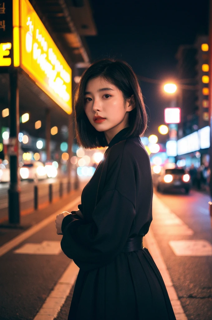 (Cinematic Aesthetic:1.4) Photo of a beautiful korean fashion model bokeh city night