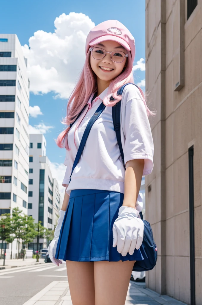 Japanese high school girl, standing on the sidewalk, posing with two fingers in both hands, distant view, pink hair, pink eyes, long hairstyle, shy smile, wearing a white mask, wearing a blue cap, wearing glasses with transparent lenses.  , blue rims, raw footage, 4k resolution, white gloves, holding dual toy gun,  backpack, long blue skirt down to the knee, white socks up to the knee, blue-white sneakers, street and city background, morning, bright blue sky, bright white clouds in random position.