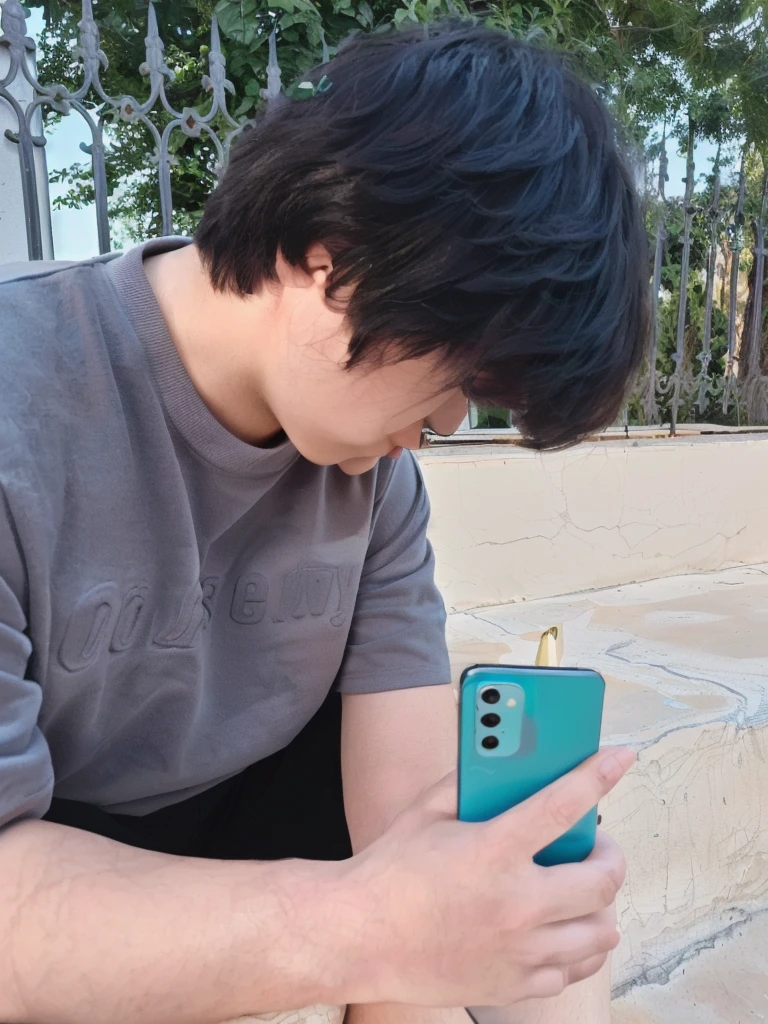 (8K, RAW photos, best quality, proficient:1.3), ((Black Hair), Soft Light, 1 Boy, Very beautiful side face,boy sitting on steps looking at his phone aesthetic shot, Focus like a laser, cyan grading, Side view, Matching Colors, Cover photo,