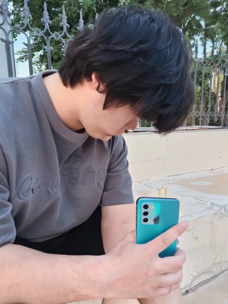 (8K, RAW photos, best quality, proficient:1.3), ((Black Hair), Soft Light, 1 Boy, Very beautiful side face,boy sitting on steps looking at his phone aesthetic shot, Focus like a laser, cyan grading, Side view, Matching Colors, Cover photo, 