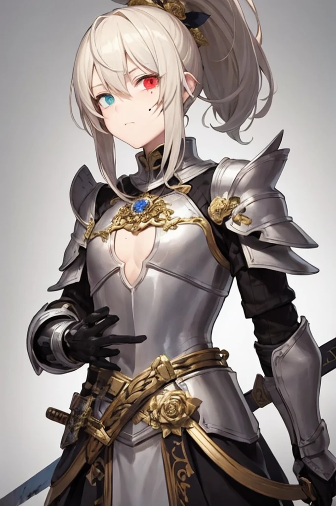 High Ponytail，blond，Heterochromia（Left Gold and White），The main body is silver-white, with some blue embellishments. The armor is slightly damaged.，The chest is decorated with a carved dark gold rose，The helmet is held at the waist，Scars on the face，Blood stains，Look into the camera，One-handed sword，Style tends to be two-dimensional，Use more cool colors，Dark Style，Face the lens，Tears in the eyes