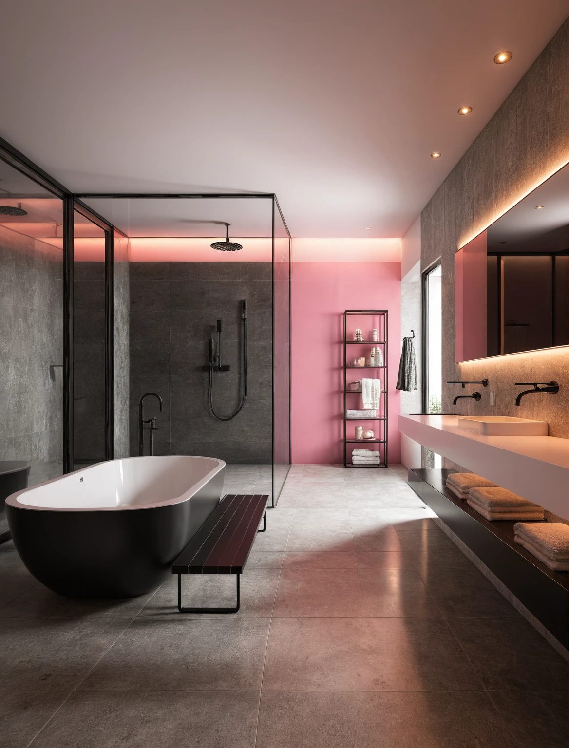 Raw photo,Masterpiece, high quality, best quality, authentic, super detail, interior, indoors, ((bathroom style modern luxury)), sunset, day light, window , overlooking the garden, ((black and pink tones)), bathtub, faucet, shower, lavatory, glass wall, towels, bottles, mirror,