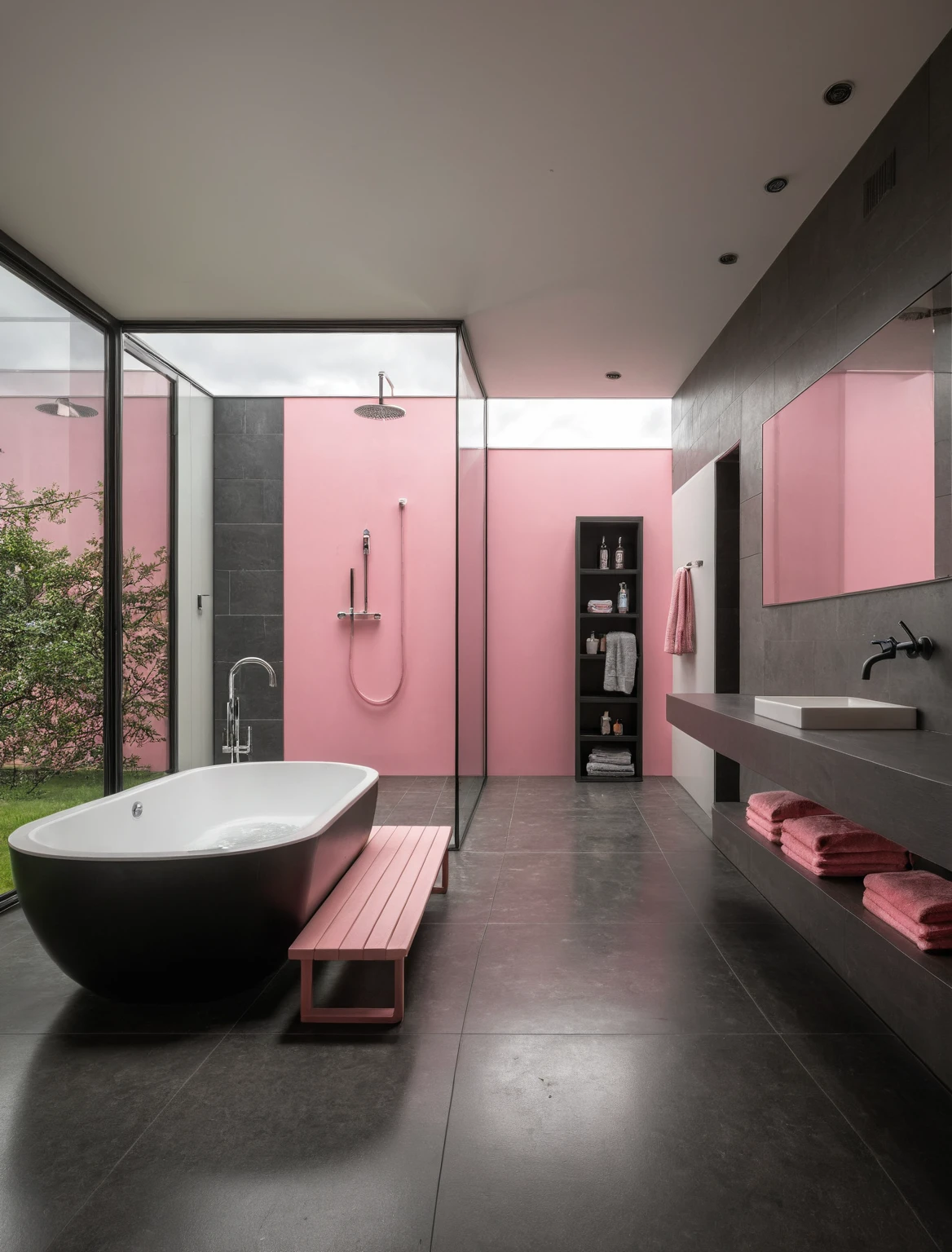 Raw photo,Masterpiece, high quality, best quality, authentic, super detail, interior, indoors, ((bathroom style modern luxury)), sunset, day light, window , overlooking the garden, ((black and pink tones)), bathtub, faucet, shower, lavatory, glass wall, towels, bottles, mirror,