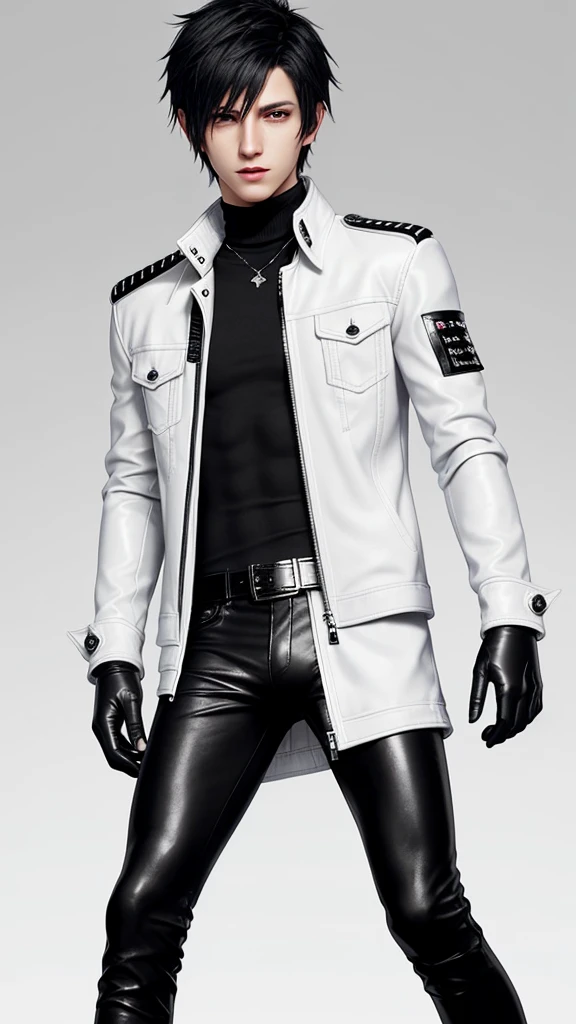 Final fantasy taste and reality graphics, Japanese young cute and cool ikemen boy, his age is early 20s, thin eyebrows and beady eyes, he wearing off white color leather thick singlebrest biker jacket, with epaulet, jacket front is zipped up, jacket is biker style, , jacket collar is high length stand-up collar with belts, jacket is a little black line pattern,close the front of the jacket, also wearing black thick turtleneck lackluster shirts, tight black leather pants, shiny black leather tight and thin glove, black leather knee-high raceup boots,must views head-to-toe,must views whole body, boy looks like fashion model,Do not show skin from the neck down,leather jacket leather glove and leather pants have few wrinkles,boy in the room,