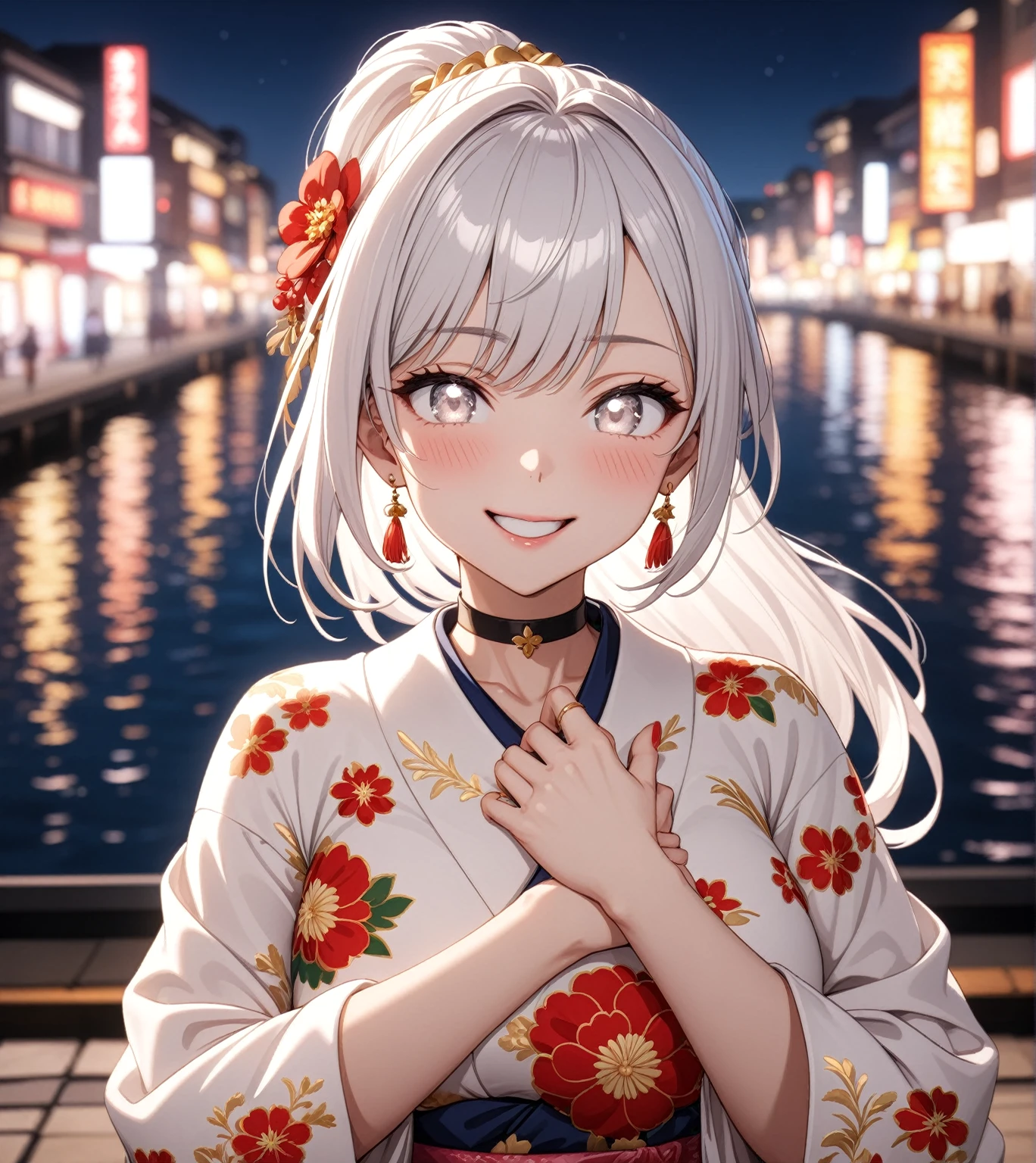 ((Two Women)), Beautiful Face, (Laughing embarrassedly), ((laugh)), ((Wink:1.8)), ((hug from behind)), Laugh with your mouth wide open,((Bright red cheeks:1.4)),Shiny red lips, night,横浜のnight景,You can see the ocean, firework,,Glossy pink lips,Facial lighting,((Anime style background)),masterpiece, Highest quality, so beautiful,up to date, Complex details, (4fingers and 1thumbs), (Pink long nails), (ring),(bracelet),(choker),AI-generated, Complex,High resolution, Highest quality, super high quality,3D Images、3D Images,One person,Long white hair in a high ponytail,Long blonde hair high ponytail,(blue eyes),Anime woman posing for a photo, ((Fine grain、Silvery white eyes、Shining Eyes:1.4)), (Squint your eyes:1.1),a hyperRealistic , hyperRealistic , Realistic,Anime woman with long white hair, Smooth anime CG art, A woman in a colorful kimono with gold embroidery, (Black long sleeve kimono),(Pink long sleeve kimono), Red floral pattern,Long flower hair ornament,Earrings,Mature Body,(Big Breasts:1.1),Tall,Abdominal muscles,Narrow waist, (Zoom in on face),