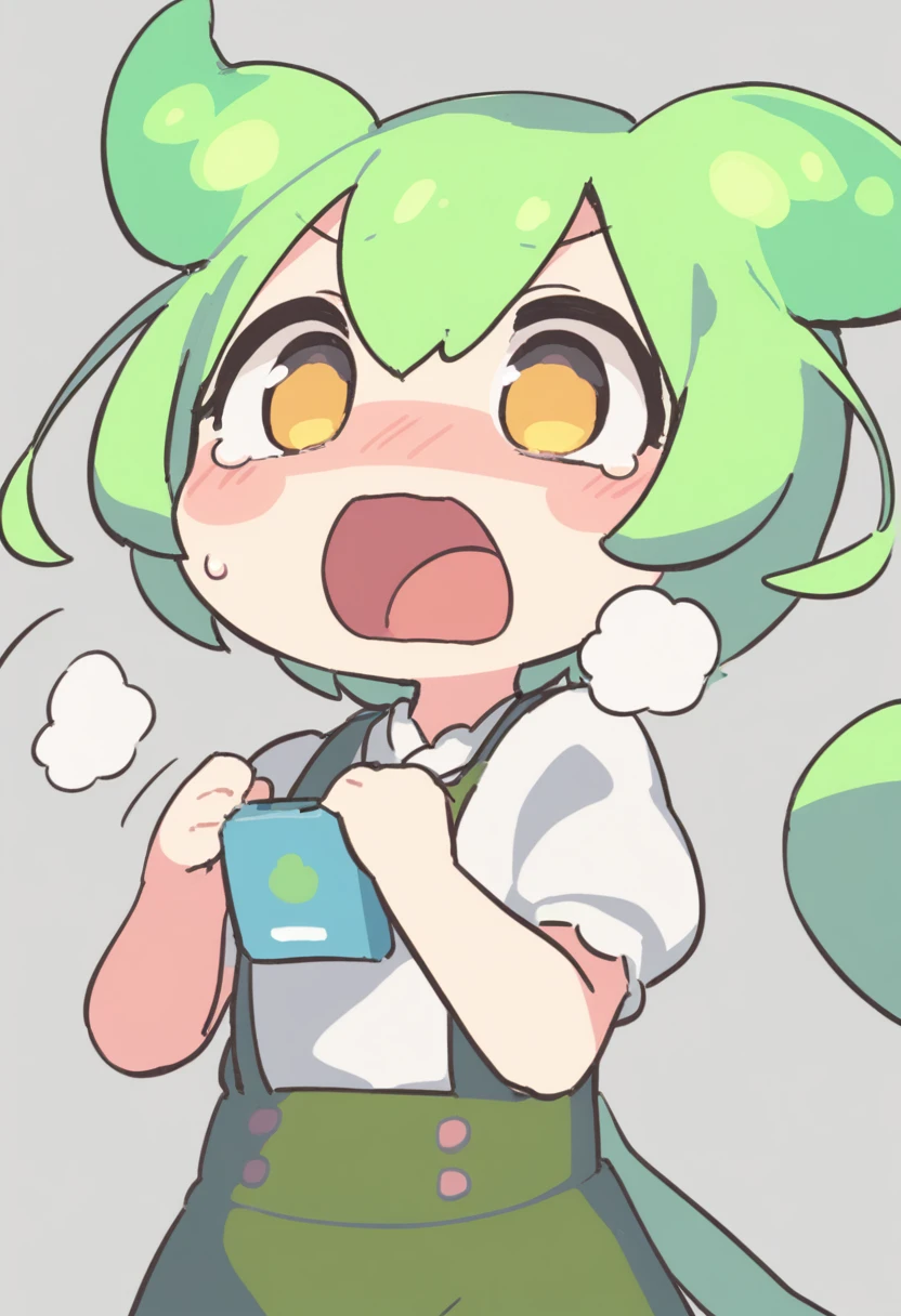 One girl,Zundamon,Voice Box ,Green Hair,、Wide open mouth、Surprised、Jaw detached、Funny Face,Simple white background、No text