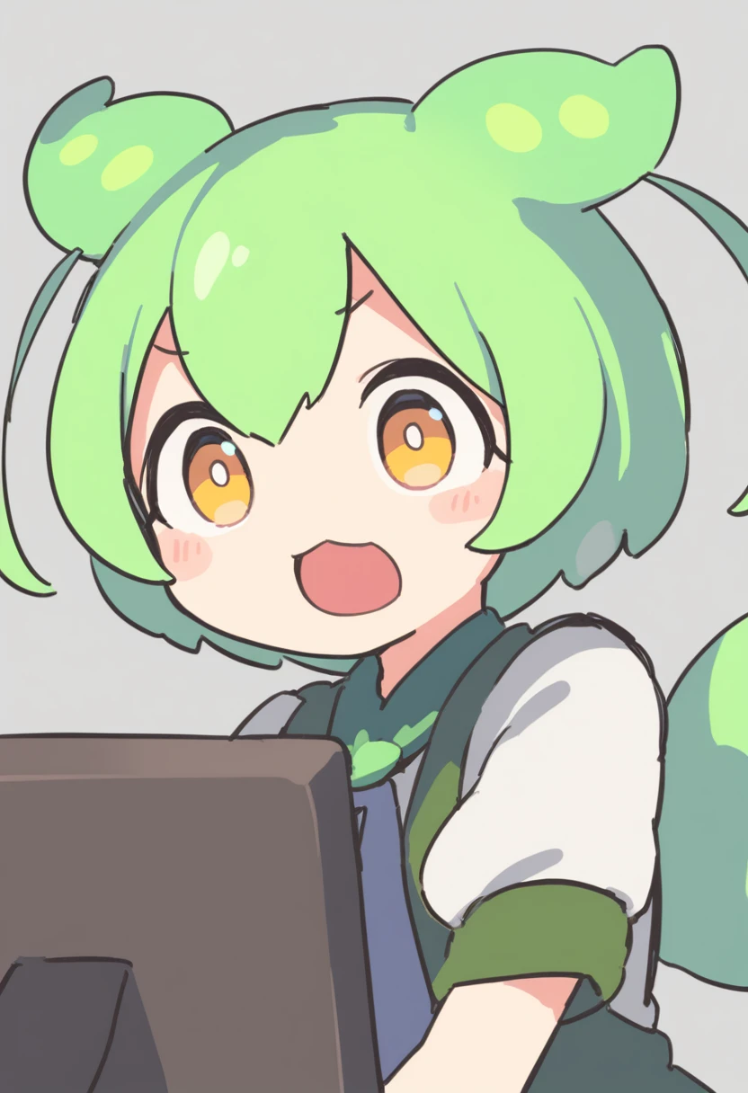 One girl,Zundamon,Voice Box ,Green Hair,、Wide open mouth、Surprised、Jaw detached、Funny Face,Simple white background、No text