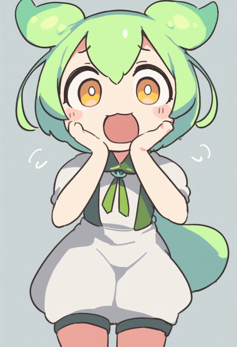 One girl,Zundamon,Voice Box ,Green Hair,、Wide open mouth、Surprised、Jaw detached、Funny Face,Simple white background、No text