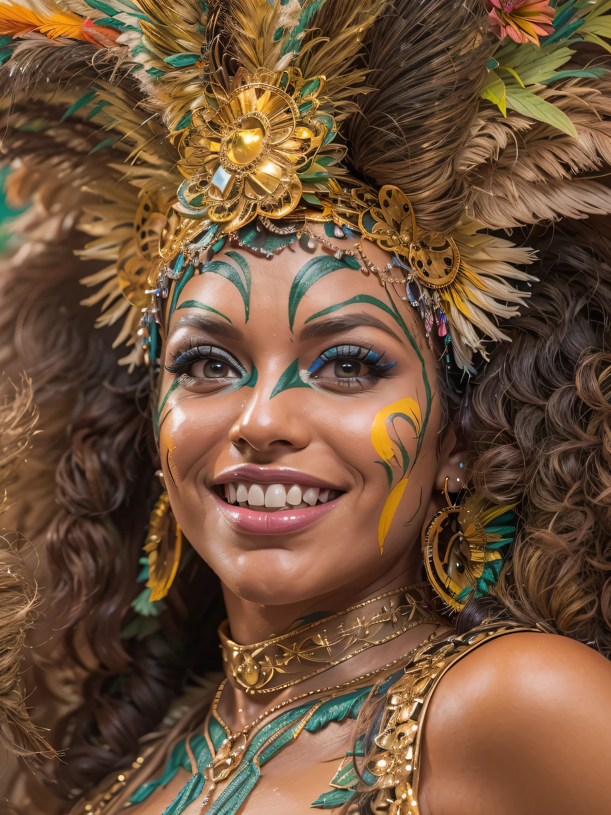 Amazing and ultra hot Brazilian transgender woman celebrating life in carnival,(bzccostume), bodypaint, ultra hot, she is ultra hot and sexy body, she has amazing figure, delicious round booty,((body painted body1.4)),small natural breast, beautiful gaze, happy smile, curly hair, latina transgender, shemale, sexy shemale, Carnival in Brazil, detailed background, depth in vision