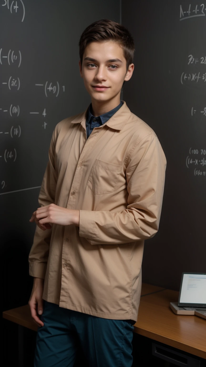 A beautiful young man, a cute male twink, with black hair, a face with reddish make-up, wearing a brown long-sleeved shirt and aqua blue pants. He is in his scientific medical office, and behind him is a blackboard with calculus and mathematical equations written on it, and he looks on proudly.