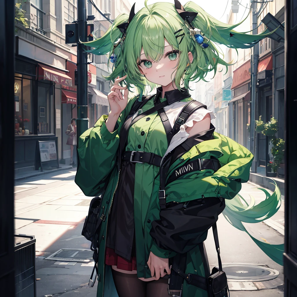 masterpiece, highest quality, highest quality, light green hair,