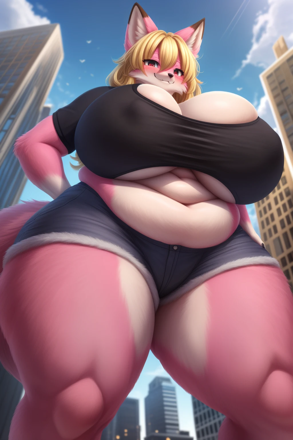 (8K, Masterpiece, high resolution, super fine illustration:1.3), (mature, seductive, beautiful:1.5), fluffy, perfect anatomy, detailed background, (solo, pink fur, 1 female fox kemono:1.5), (medium-long hair, wavy hair), (blonde hair:1.25), at big city, (strained clothing, cropped t-shirt, hotpants:1.5), (tall:1.25), (underboobs, topheavy, huge breasts:1.5), (big ass, thick thighs:1.15), (thicc, plump, fat:1.2), looking down at viewer, grinning, (angle from below, low angle:1.25)