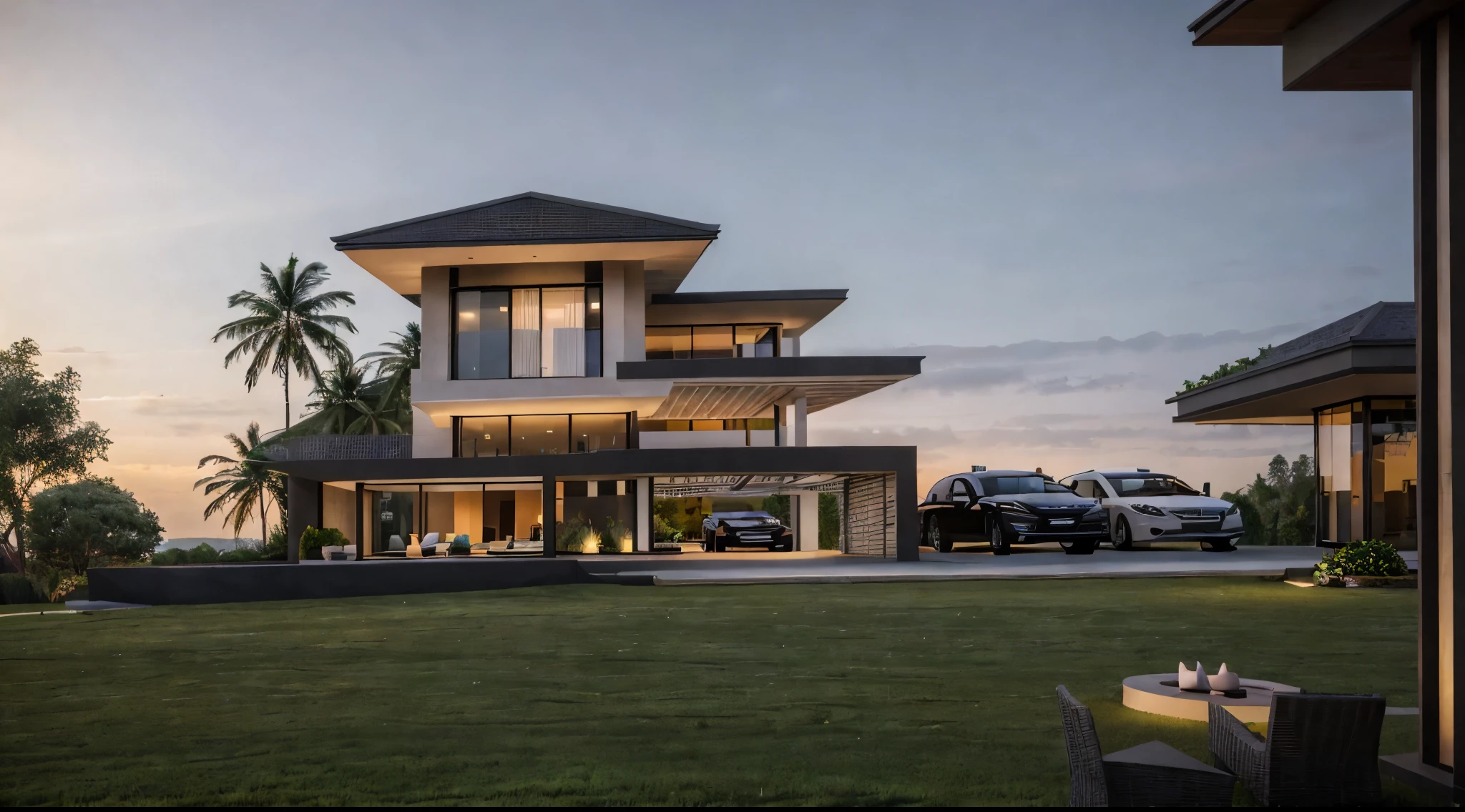 arafed view of a modern villa ,  sunset time, a green grass, green landscape, coconut tree, cars, architectural render, architectural visualization, architectural rendering, large modern residence, architectural 3 d render, award-winning render, stunning render, modern, realistic, interior architecture, Art Deco, depth of field, motion blur, cinematic lighting, vignetting, highres, high quality, high details, masterpiece