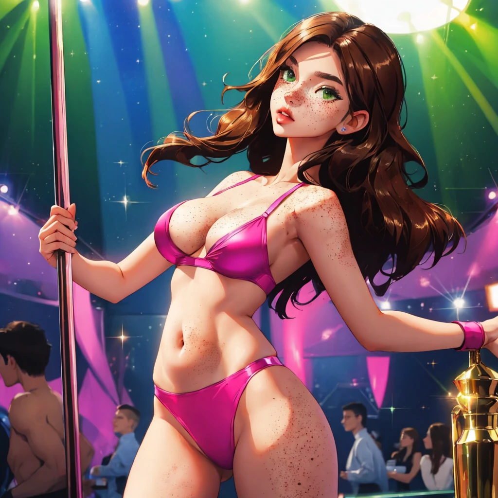 1girl,a beautiful fashion model ,(masterpiece, official art, best quality) (green eyes) ,long and shiny hair, brown hair, full lips, bratty look, smug, ((freckles)), big boobs, stripping, elegant makeup, exhibitionism, sexy out fit, slim thighs, toned body, shiny skin, sexy pose. holding staff, pole dancing, ((belly dsancer)))