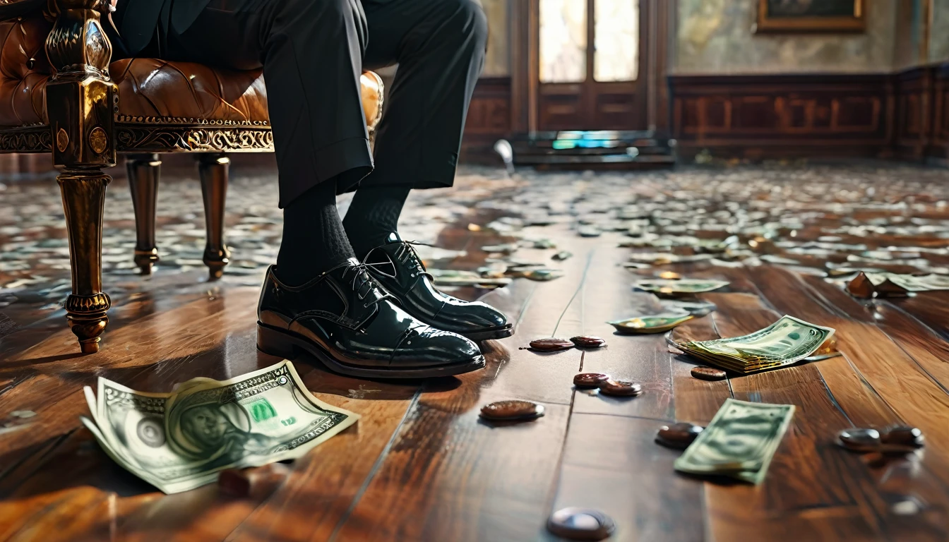 A man in a black suit sits on a throne and steps on a banknote with his leather shoe, zooming in on his feet. The scene is a luxurious room. 4k masterpiece, best quality, (highly detailed CG unity 8k wallpaper), (best quality), (best illustration), (best shadows), incredibly realistic lighting, (depth), beautiful glow, art by Peter Mohrbacher.