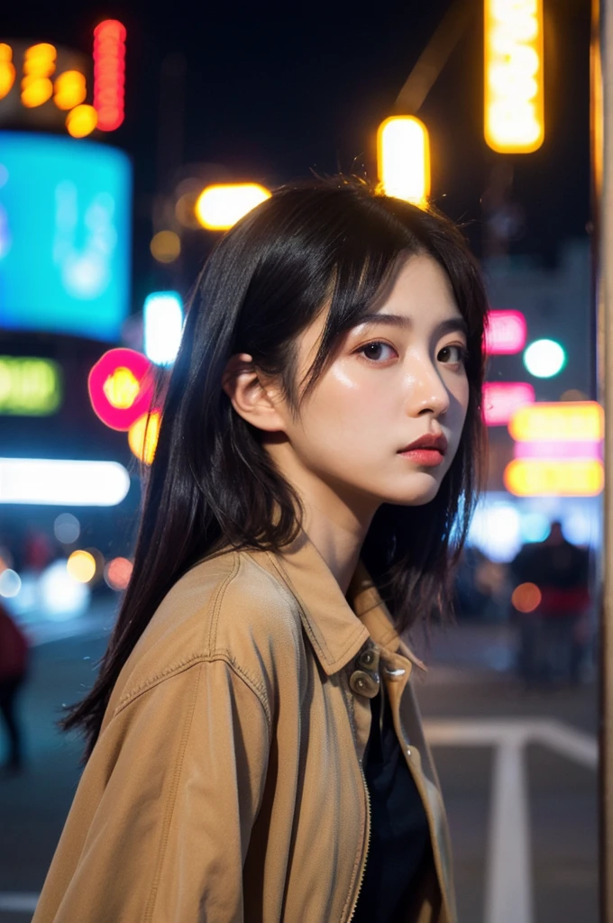 (Cinematic Aesthetic:1.4) Photo of a beautiful korean fashion model bokeh city night