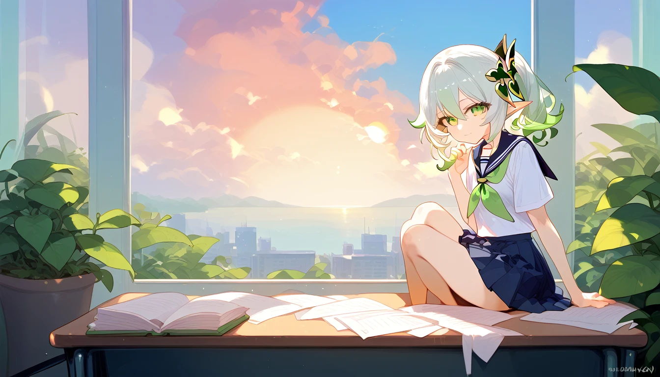 score_9,score_8_up,score_7_up,
1girl,solo,nahida,genshin impact,closed mouth,,at school,(school uniform:1.2),,looking at viewer, smile, windows, sunset, at desk,sun, clouds, greenery